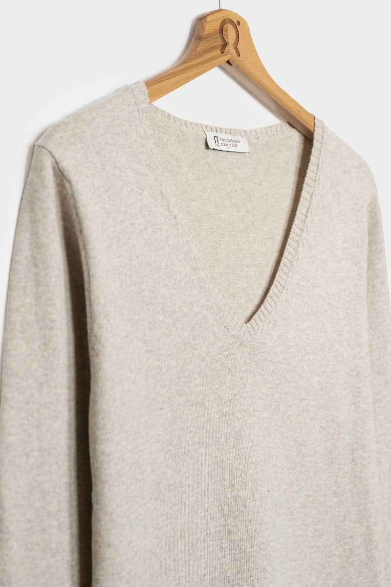 Pull Col V En Coton Bio Et Recycl Beige Maglia Donna Cotone