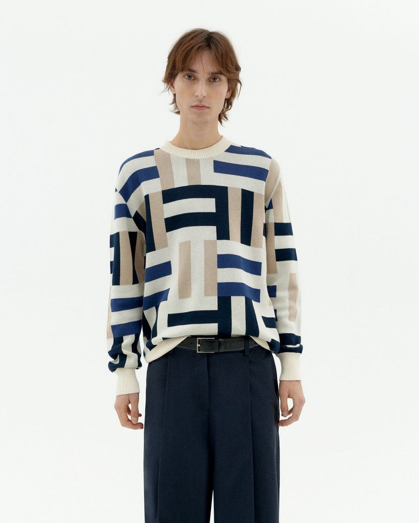 Pull en coton biologique | multicolore "field navy khem knit sweater - multicolor" - Thinking Mu