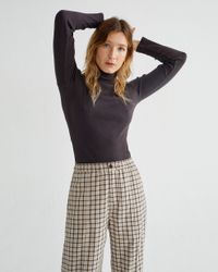 T-shirt manches longues col cheminé marron en coton bio - aine