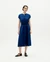 Robe midi ceinturée en coton bio | bleu "navy big seersucker gretel dress" - Thinking Mu