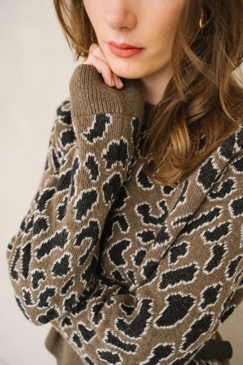 Pull à motif léopard en laine et coton bio | marron "diliriaa leopaa - walnut cream" - Armedangels