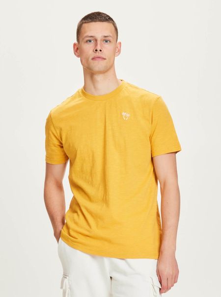 T-shirt jaune brodé palmiers en coton bio - alder slub honey gold