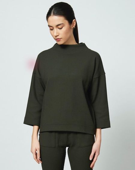 Pull léger col cheminée à manches 3/4 vert en coton bio - kallisto