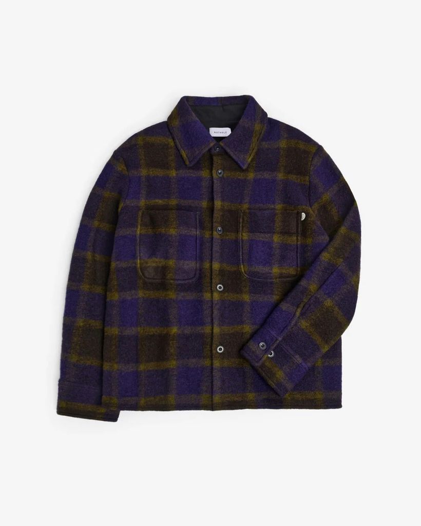 Veste en laine et coton bio | carreaux "relaxed overshirt wool-blend - purple checked" - Rotholz