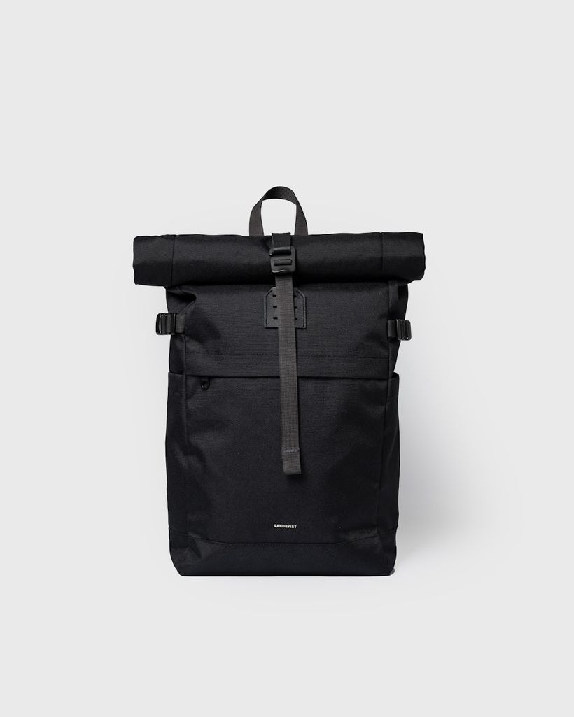 Sac à dos 23l en matière recyclée | noir "icon rolltop backpack m - black/ black with black leather" - Sandqvist