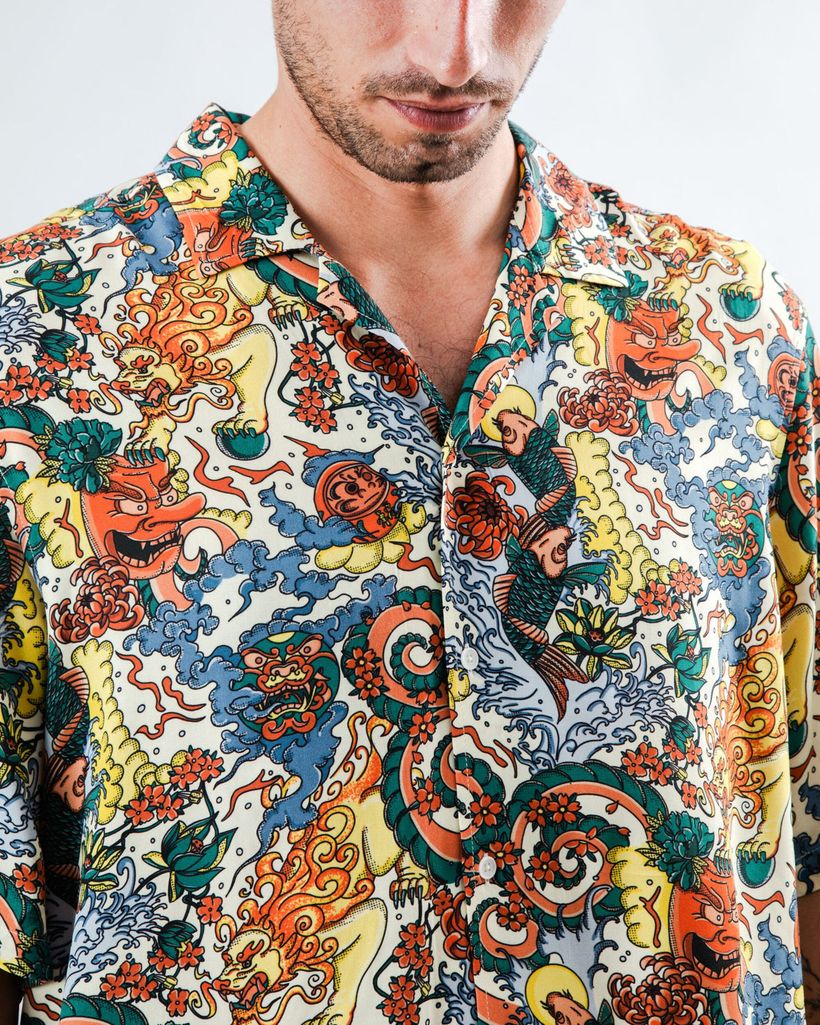 Chemise en coton bio et lyocell | multicolore "irezumi tattoo aloha" - Brava Fabrics