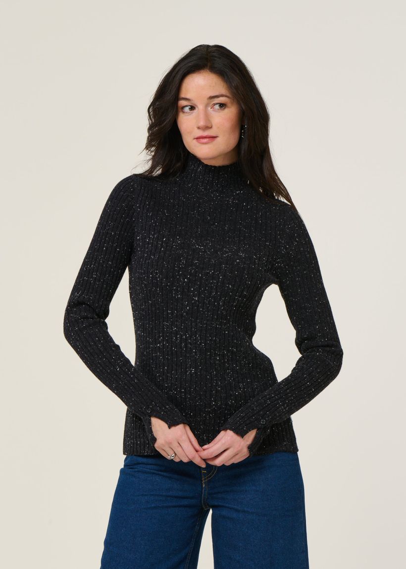 Pull côtelé en coton bio et laine | noir "alaania tweed - black-oatmilk" - Armedangels