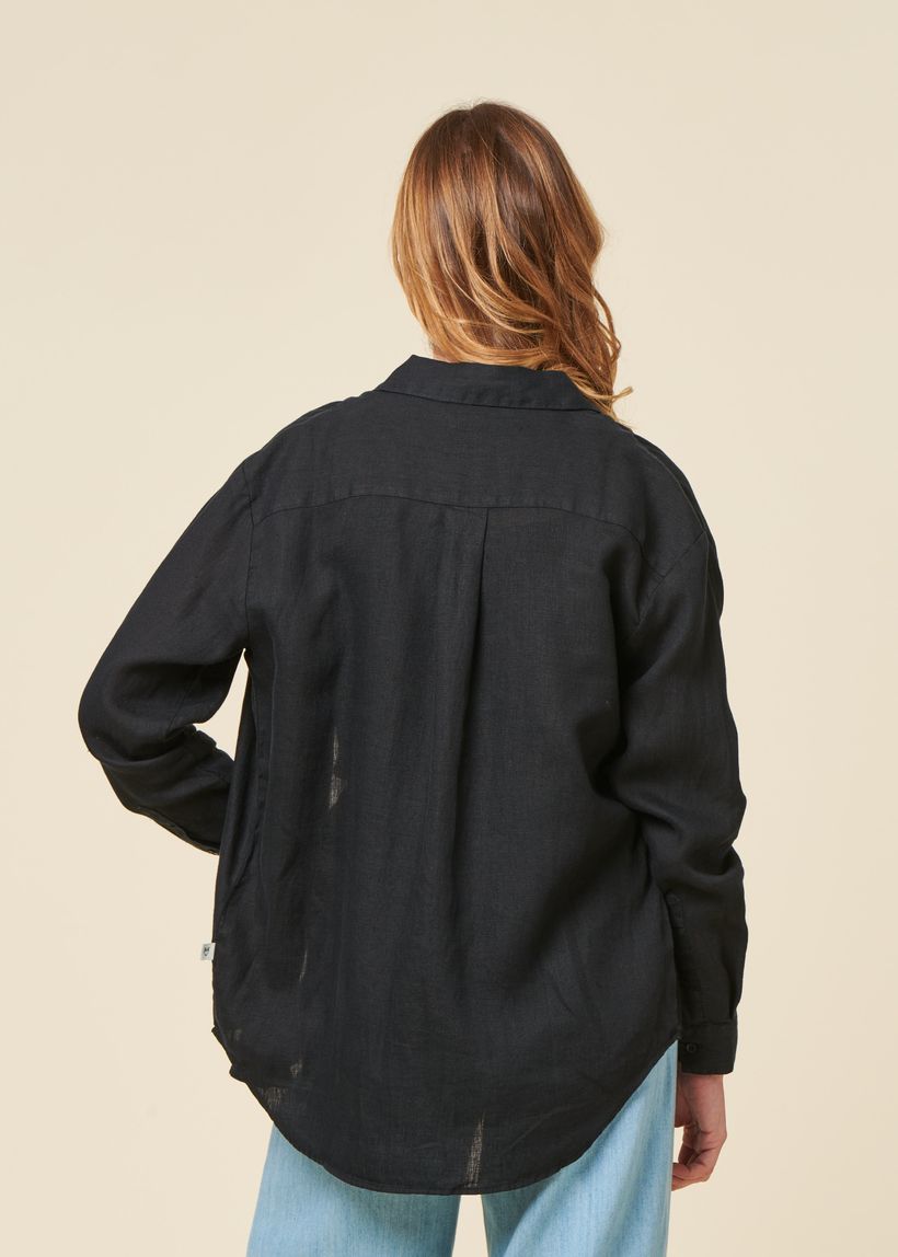 Chemise en lin biologique | noir "loose linen long sleeved shirt black jet" - Knowledge Cotton Apparel