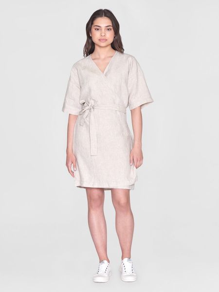 Robe portefeuille beige en lin bio - linen wrap dress light feather gray