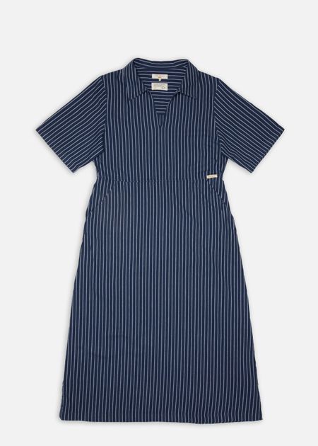 Robe mi-longue en coton bio | rayée bleu "ronja open collar dress blue - blue"