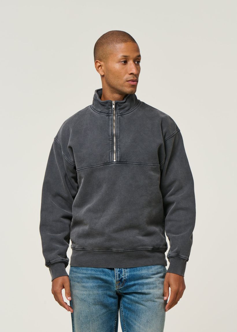 Sweat camionneur col zippé en coton bio | noir "faded black" - Colorful Standard