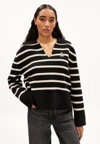Pull marinière en coton bio | rayé "frejiaas stripes - black-oatmilk"
