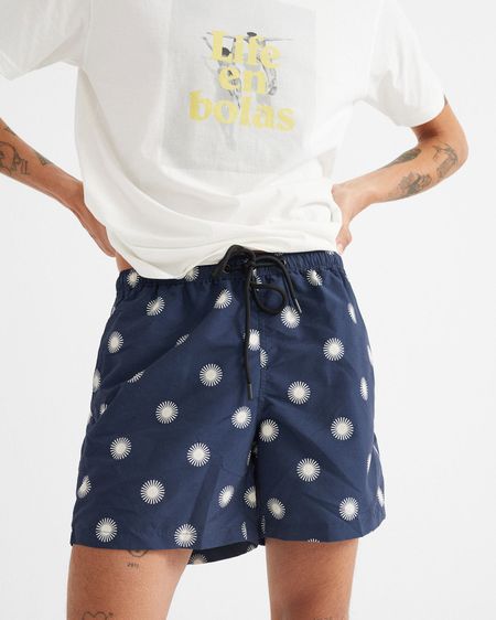 Short de bain bleu marine à imprimés blancs en polyester recyclé - soles