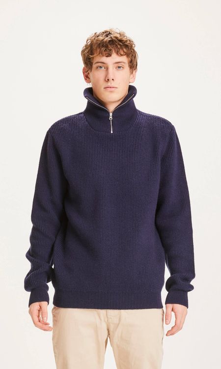 Pull col zippé marine en laine mérinos biologique - valley 1/2 neck zip