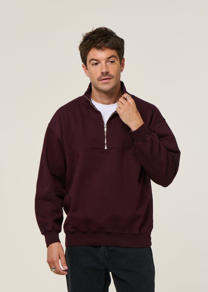 Sweat camionneur col zippé en coton bio | bordeaux "quarter zip oxblood red" - Colorful Standard
