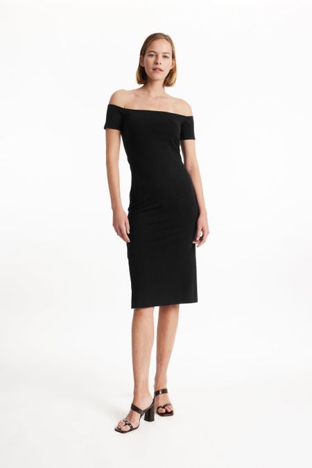 Robe col bardot noire en coton bio - emer dress black