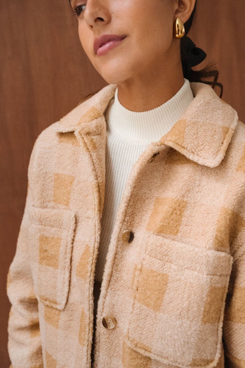 Veste polaire en matière recyclée | carreaux beige "hoben - mustard check" - Twothirds