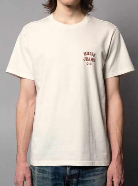 T-shirt blanc logo nudie jeans en coton bio - roy logo tee offwhite
