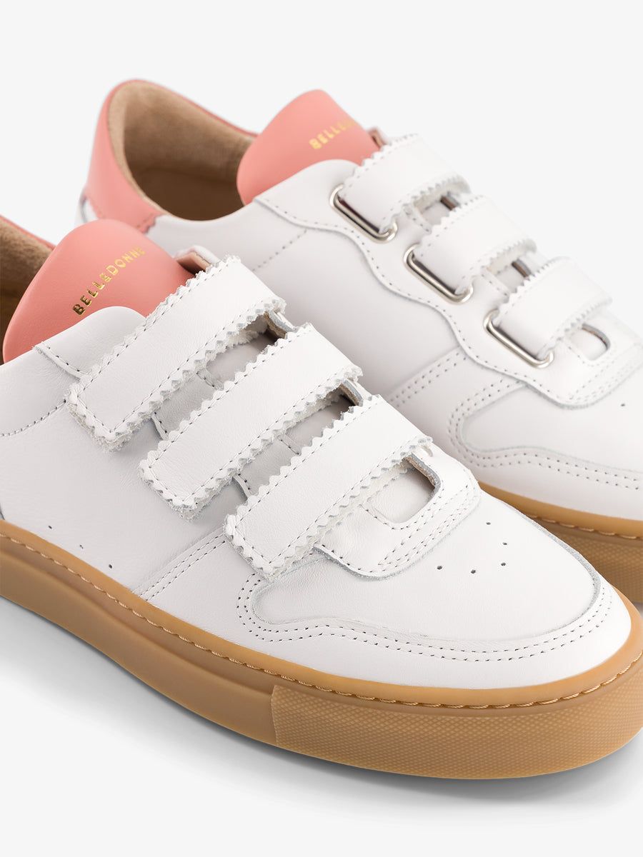 Baskets a scratch en cuir certifie blanc et rose b0 velcro gum sole white and pink Velcro gum sole white and pink femme