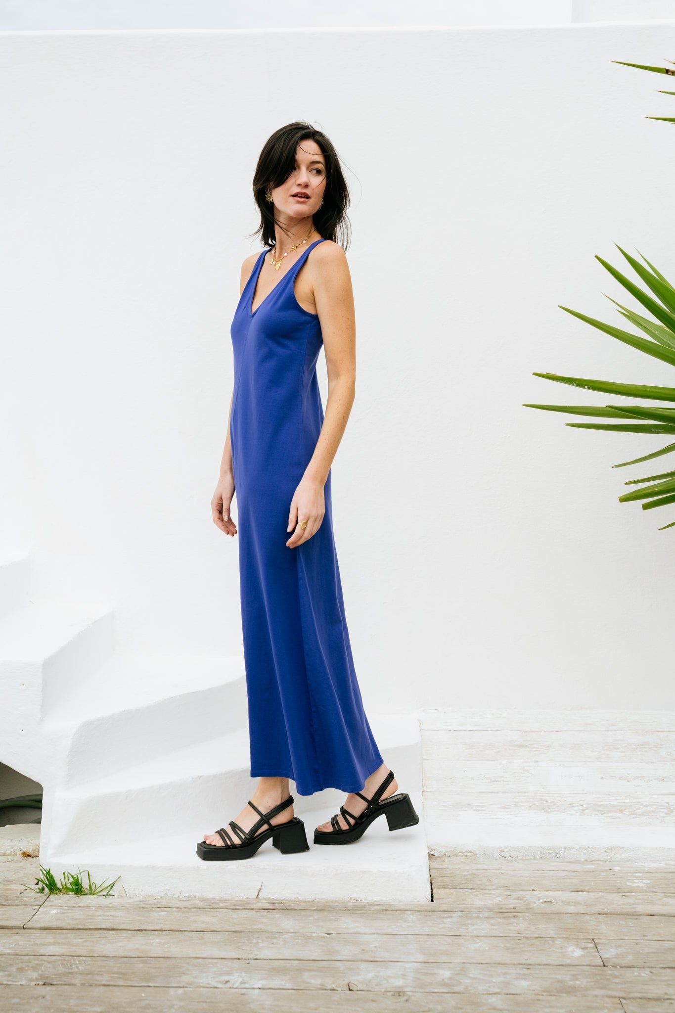 Robe longue en coton bio bleu 