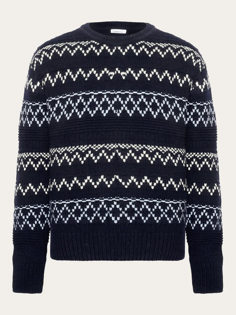 Pull en laine certifiée | bleu "knitted pattern crew neck blue stripe" - Knowledge Cotton Apparel