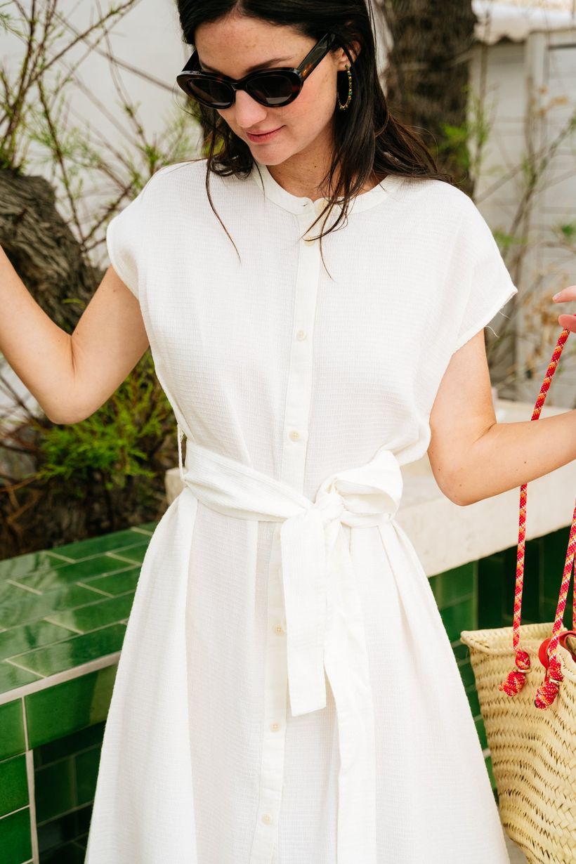 Robe midi ceinturée en coton bio | blanc "undyed loop gretel dress" - Thinking Mu