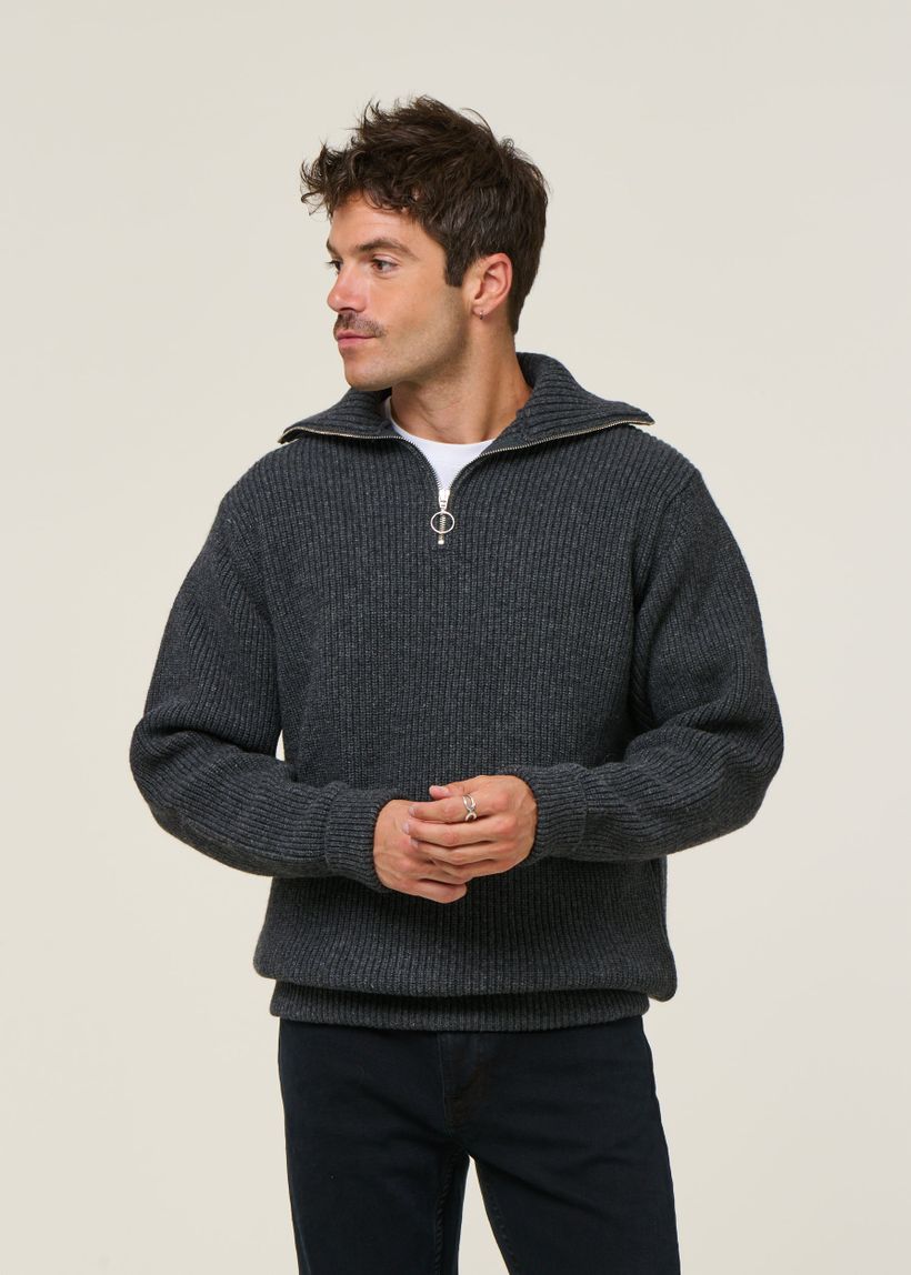 Pull maille col zippé en laine recyclée | gris "heavy knit troyer wool-blend - warm anthracite" - Rotholz