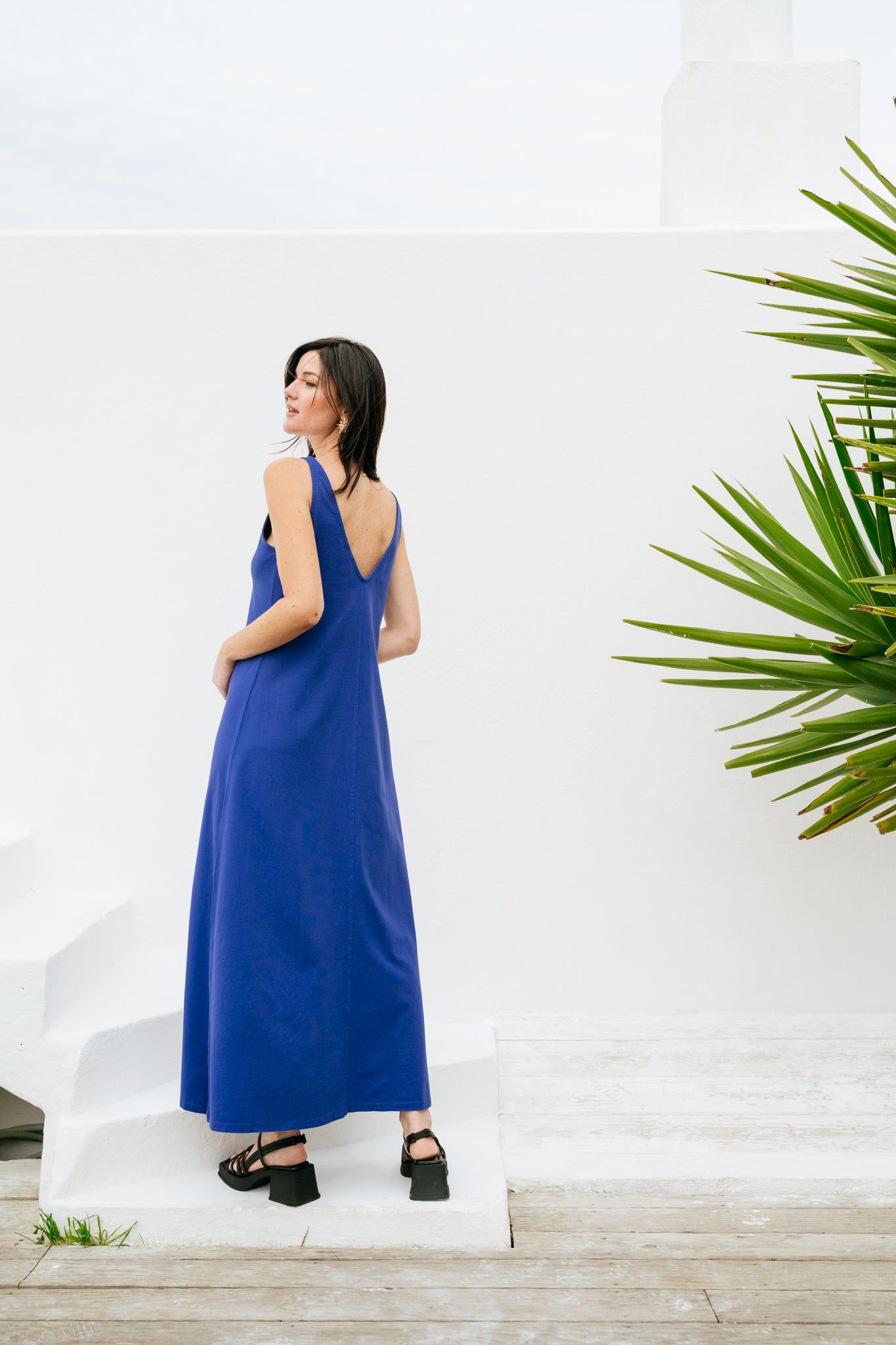 Robe longue en coton bio bleu 