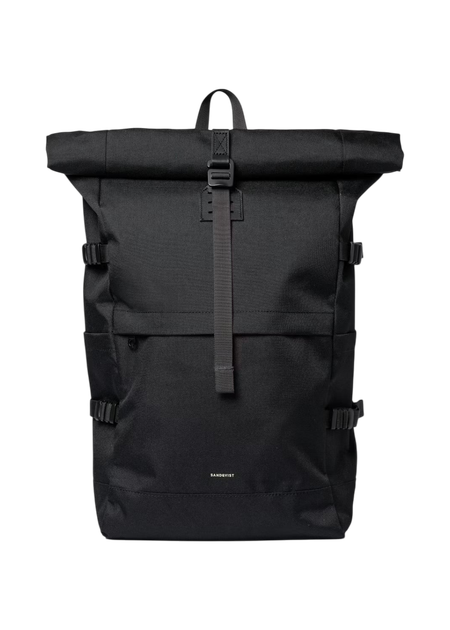 Sac à dos 26l en matières recyclées | noir "icon rolltop backpack l - black/ black with black leather" - Sandqvist