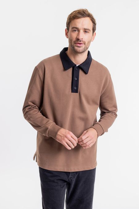 Polo épais manches longues bicolore en coton bio - heavy polo jersey-chestnut/black