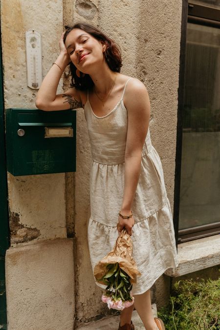 Robe blanche en lin bio - natural linen strap dress light feather gray