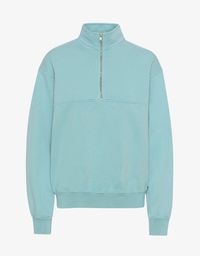 Sweat camionneur mixte col zippé bleu canard en coton bio - teal blue