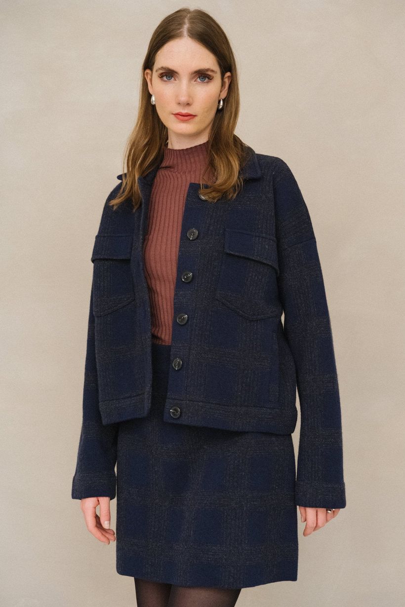 Veste en coton bio et laine | marine "joaalison check - night sky-steel melange" - Armedangels