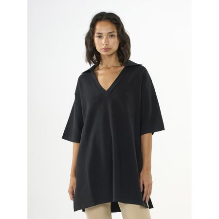 Polo long noir en maille de coton bio - loose polo cotton knit black jet