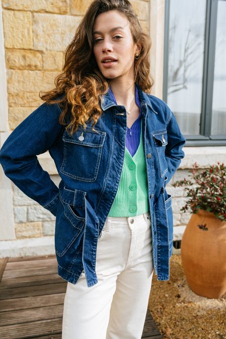 Veste en jean ceinturée en coton recyclé - lysaan denim wavy blue
