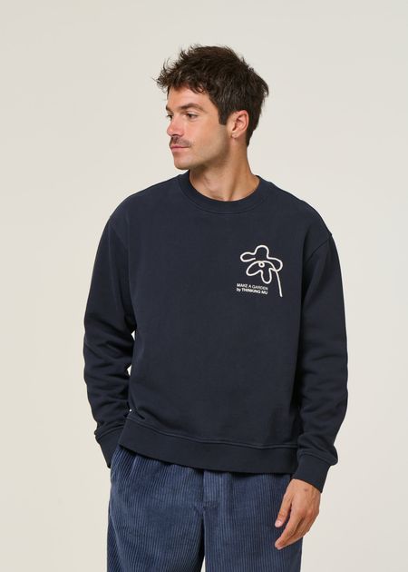 Sweatshirt brodé en coton bio | bleu "flower rope navy leon sweatshirt - blue" - Thinking Mu