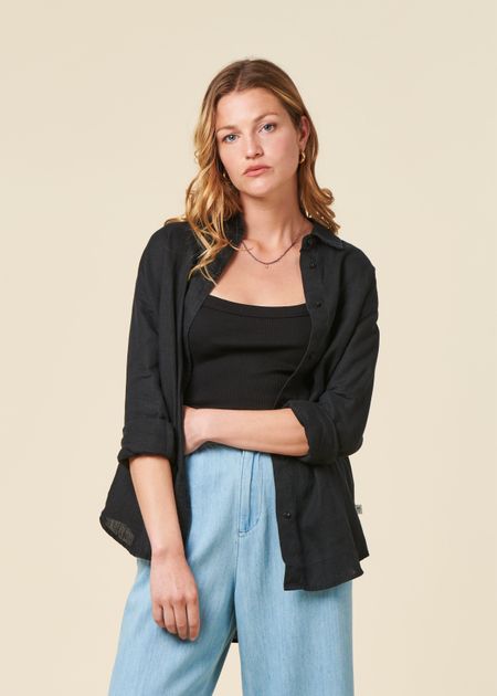 Chemise en lin biologique | noir "loose linen long sleeved shirt black jet" - Knowledge Cotton Apparel