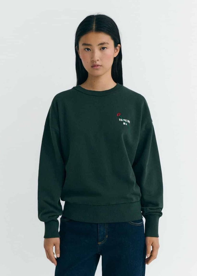 Sweatshirt brodé en coton bio | vert "flower tm bottle green jodie sweatshirt - green" - Thinking Mu
