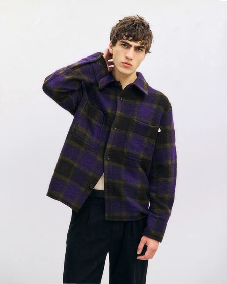 Veste en laine et coton bio | carreaux "relaxed overshirt wool-blend - purple checked" - Rotholz