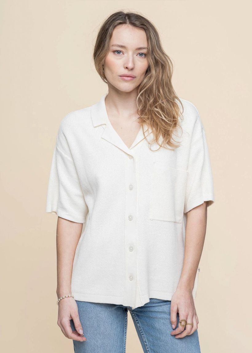 Chemise en coton biologique | blanc "racking stitch short sleeved shirt - egret" - Knowledge Cotton Apparel