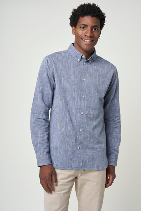 Chemise bleu chiné en coton et lin bio - custom fit linen total eclipse