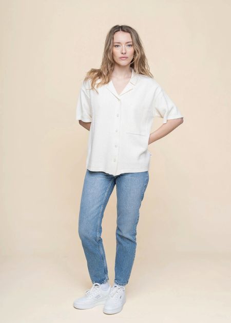 Chemise en coton biologique | blanc "racking stitch short sleeved shirt - egret" - Knowledge Cotton Apparel
