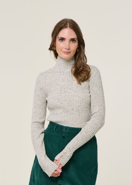 Pull côtelé en coton bio et laine | gris chiné "alaania tweed - oatmilk-black" - Armedangels