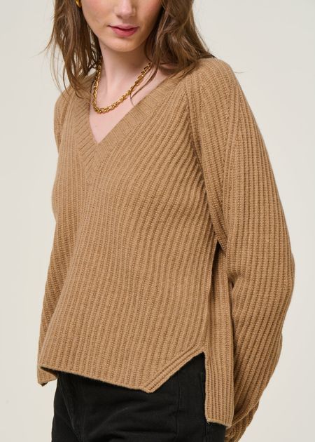 Pull col v en cachemire recyclé | camel "manon - beige sughero" - Rifò