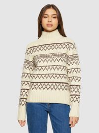 Pull col montant en laine certifiée | écru "lambswool pattern high neck creme stripe"