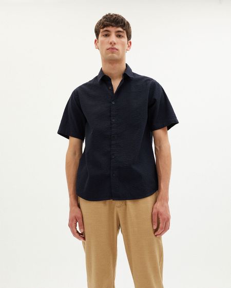 Chemise manches courtes marine en coton bio - dark seersucker tom shirt navy