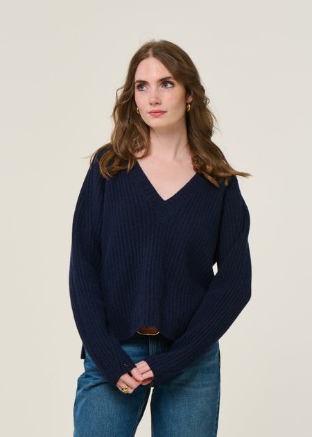 Pull col v en cachemire recyclé | bleu "manon - blu mora" - Rifò