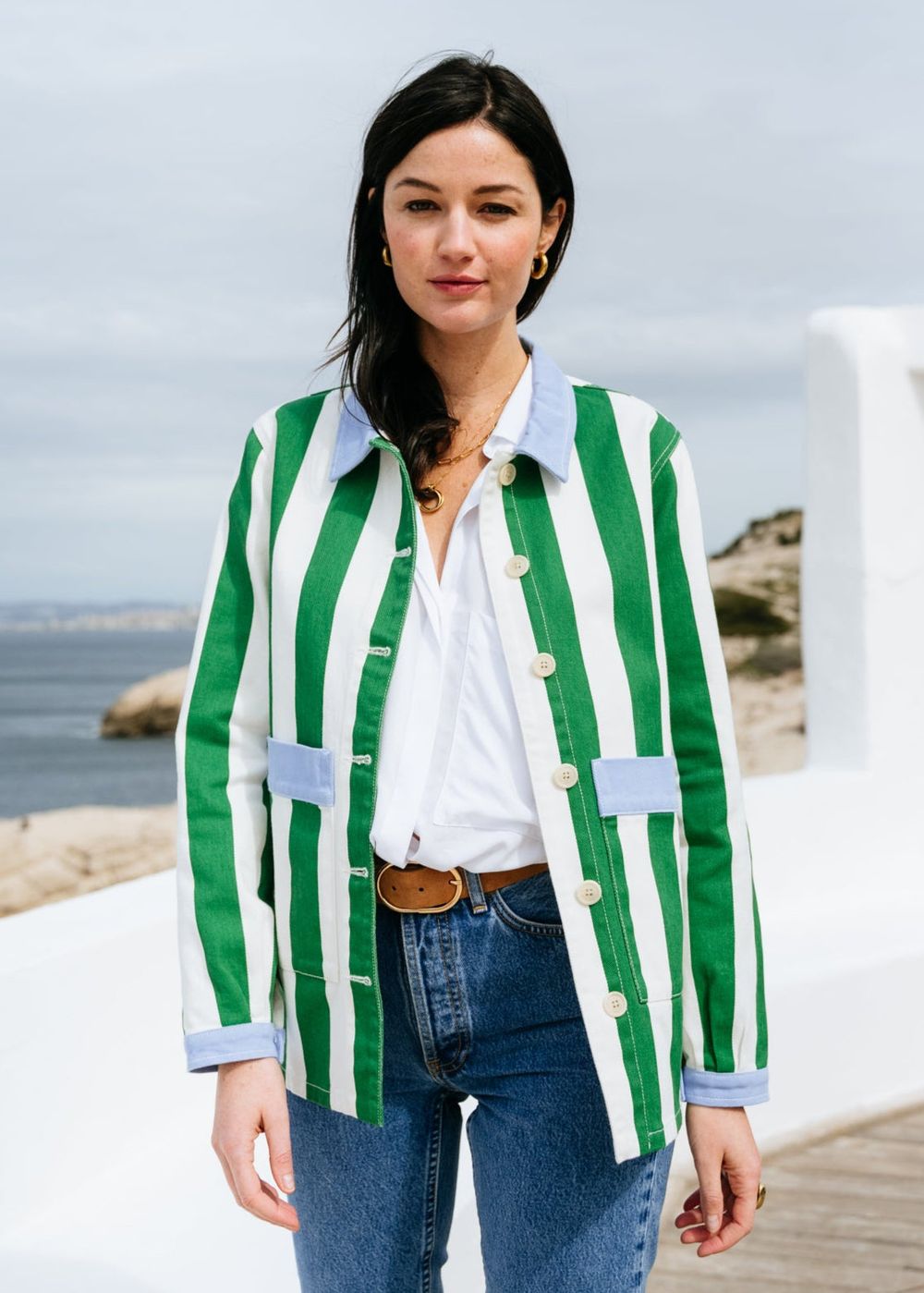 Veste en coton bio | rayé &quot;revivre - vert gazon / vanille&quot; Graine