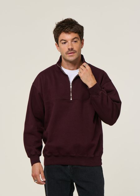 Sweat camionneur col zippé en coton bio | bordeaux "quarter zip oxblood red"