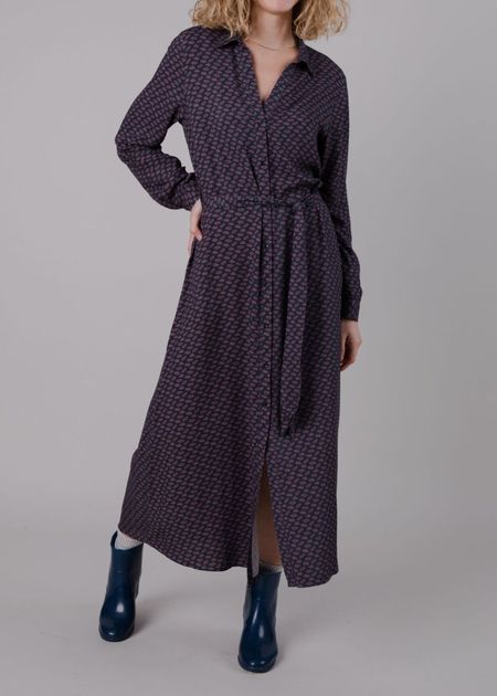 Robe longue à motifs en ecovero | multicolore "lips vneck long sleeve dress prune" - Brava Fabrics